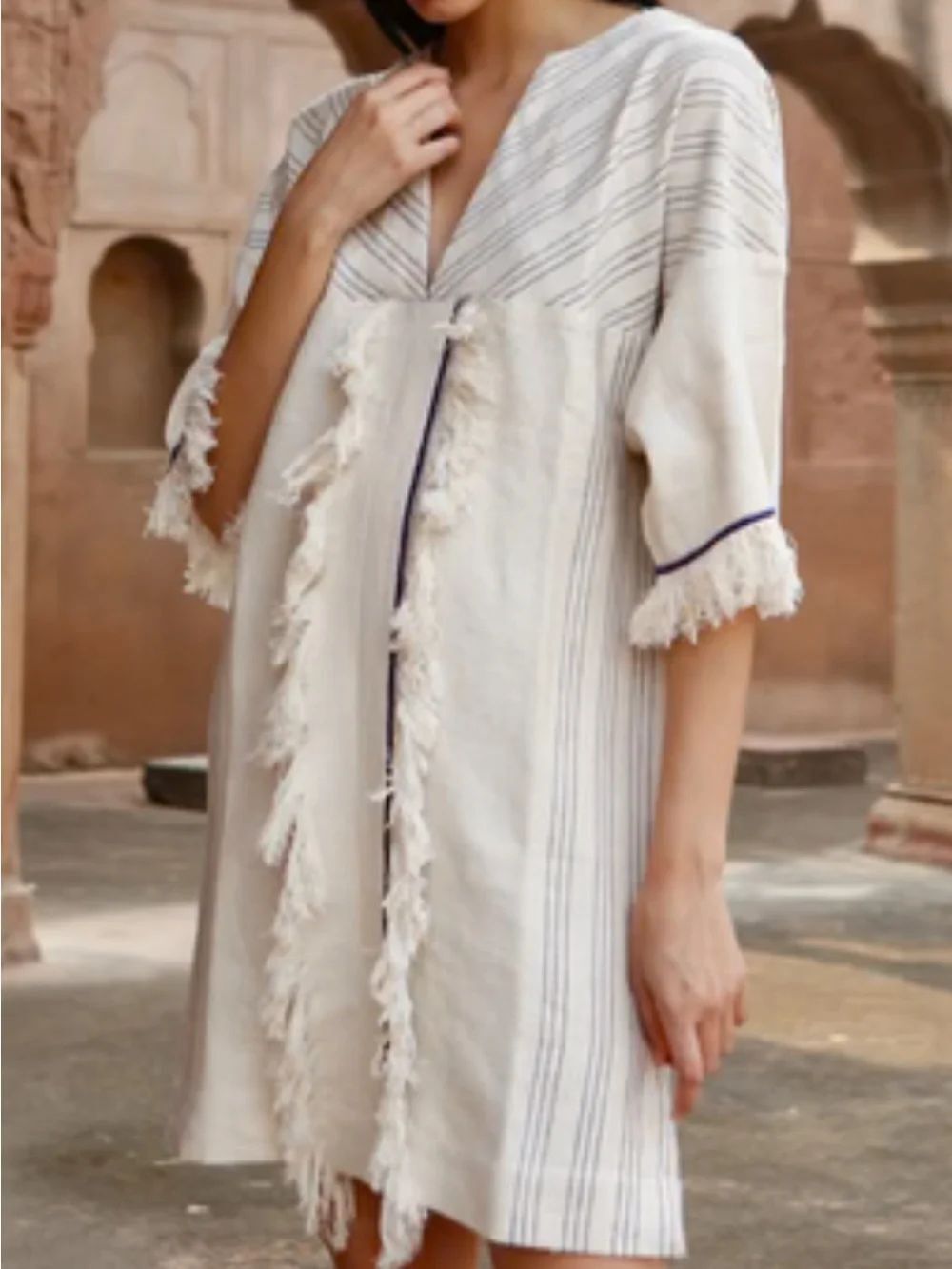 MIRTH Heritage Collection Handmade Edition Handloom Cotton Fringe Caftan Dress S
